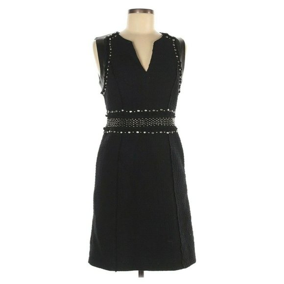 Rebecca Taylor Dress Black Tweed Studded Sleeveless Lamb Leather Fray - Picture 2 of 12